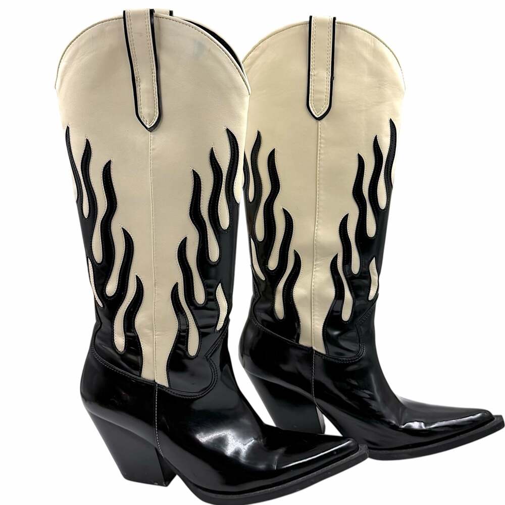 Zara Black Faux Patent Leather Cream Flame Cowboy Boots Western Mid Calf 38 7.5